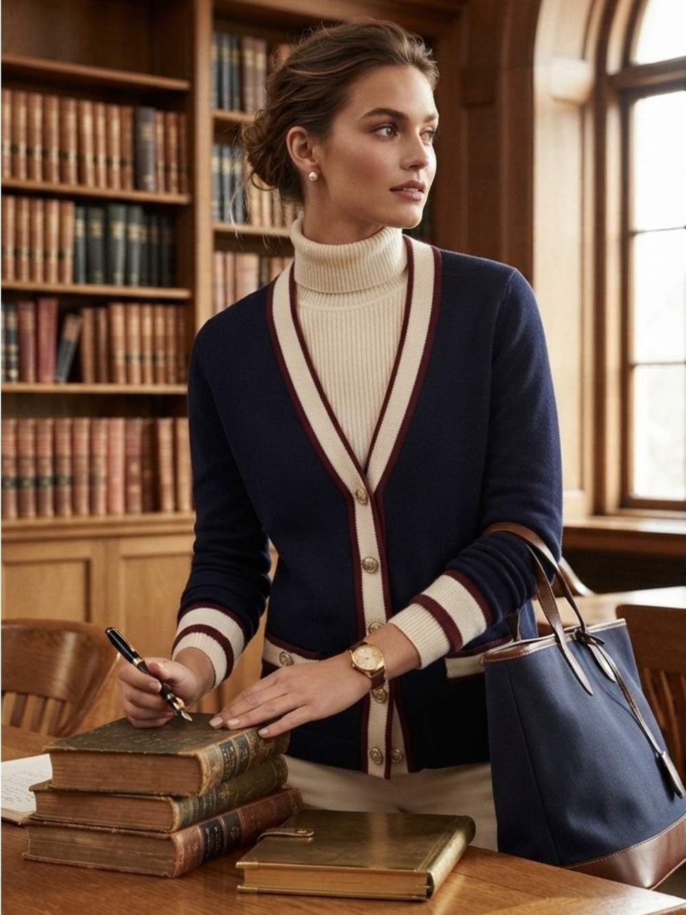 Joseph A Preppy Old Money Academic Nautical‎ Navy Cardigan w/Burgundy Piping SzM